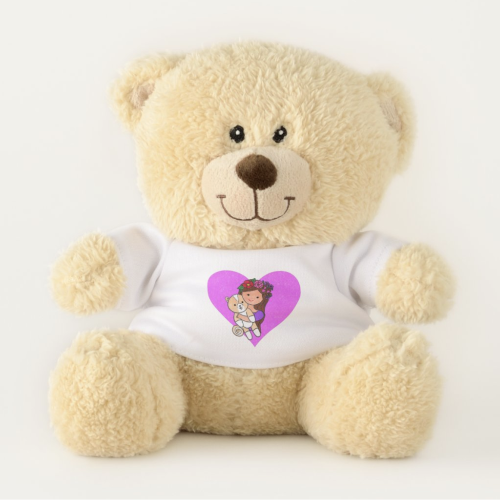 Stuffed teddy bear wearing white t-shirt with design featuring Pupeye the Pom